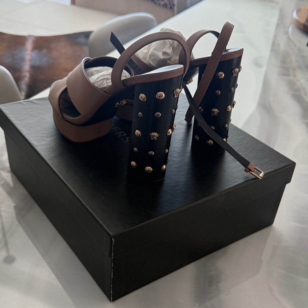 Versace Brown Platform Sandal With Black Studded Heel